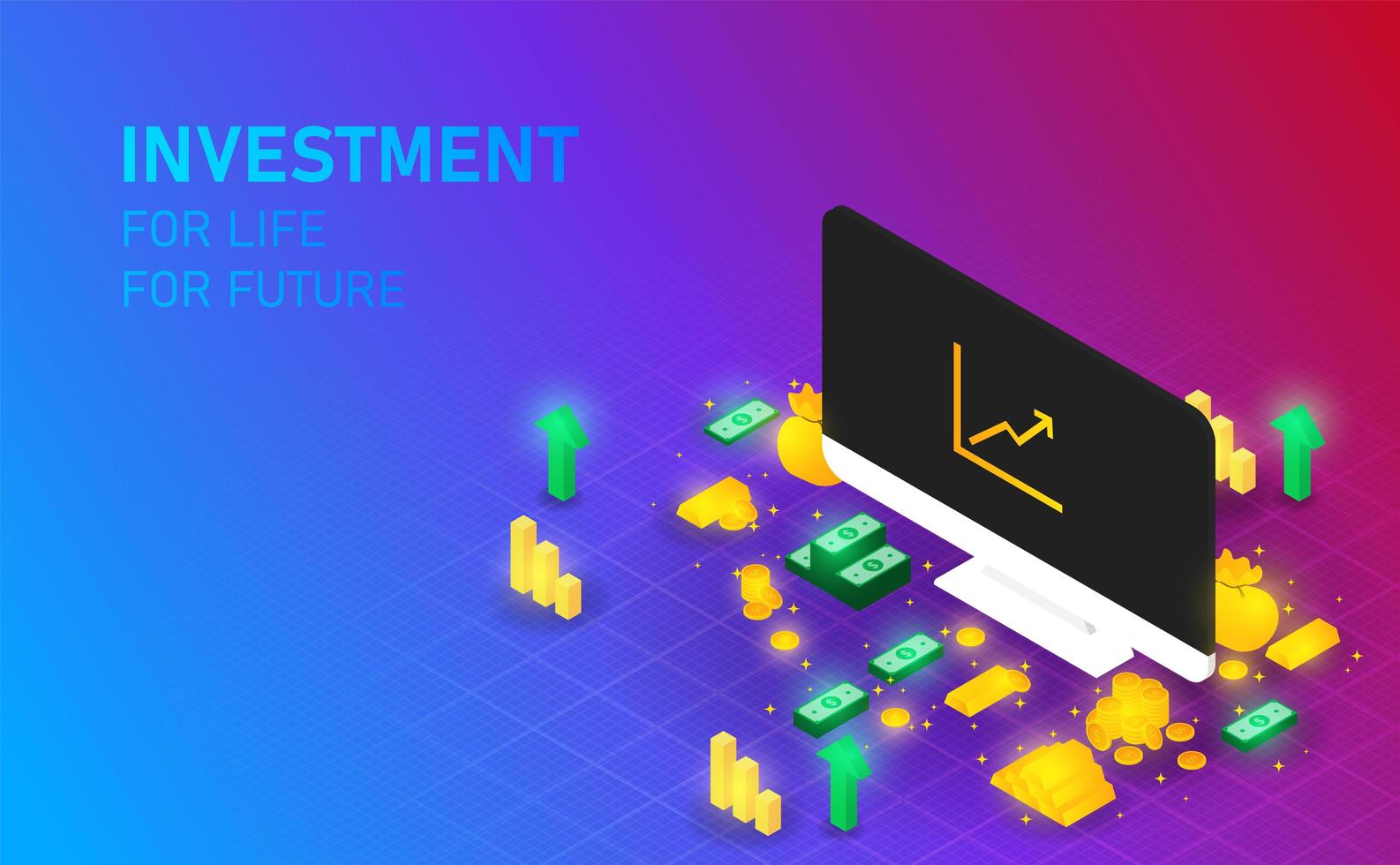 investissement sur écran de moniteur gagner de l'argent et de l'or pour être riche. argent or sur bakcground vecteur et illustration