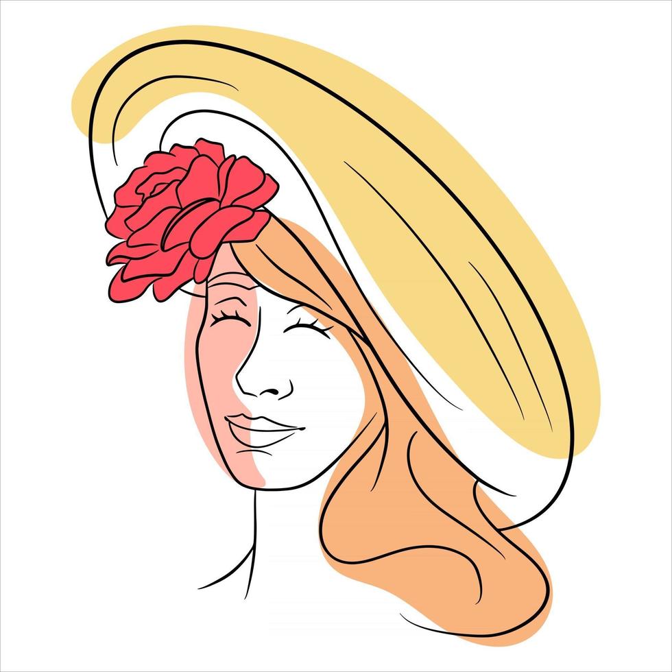 fille dans une abstraction de chapeau. fille avec des roses sur une coiffe. style de ligne. vecteur