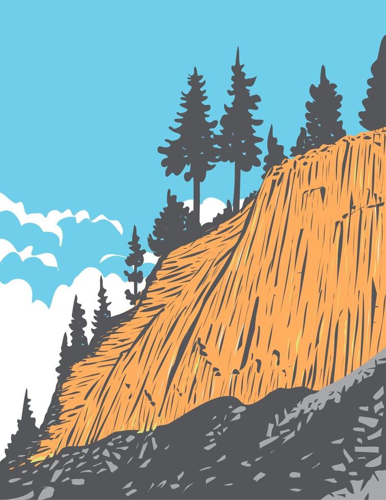 formation rocheuse de basalte colonnaire appelée devils postpile in devils postpile monument national près de mammouth mountain californie états-unis wpa poster art vecteur