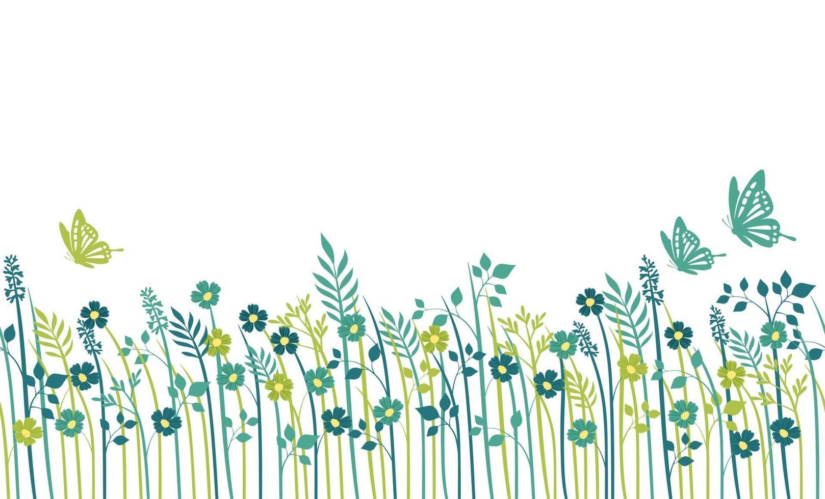illustration de fond sans couture de champ de printemps avec des plantes, des papillons et un espace de texte, illustration vectorielle. répétable horizontalement. vecteur
