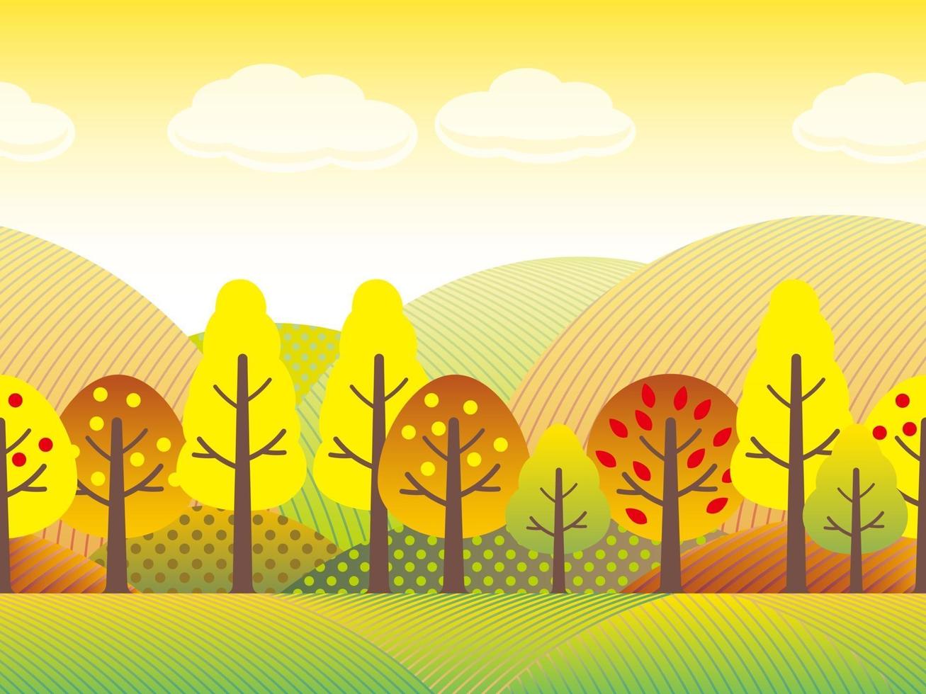 paysage de campagne d'automne sans couture avec arbres, prairies et collines aux couleurs d'automne. illustration vectorielle. répétable horizontalement. vecteur