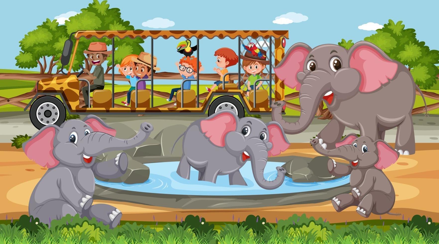 groupe d'éléphants dans une scène de safari pendant la journée avec des enfants dans la voiture de tourisme vecteur