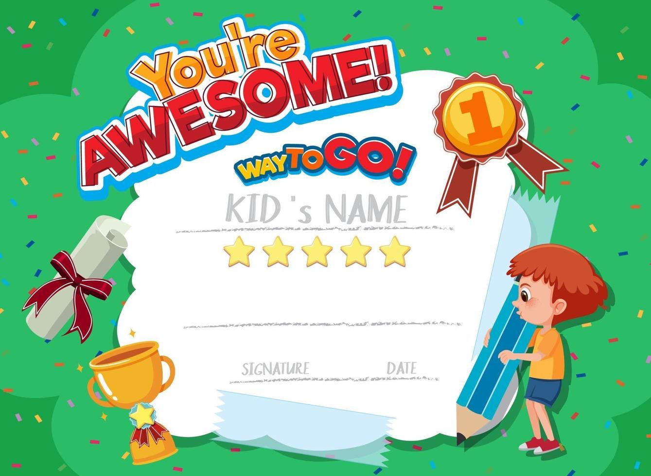 certificat de dessin animé de motivation mignon pour les enfants vecteur