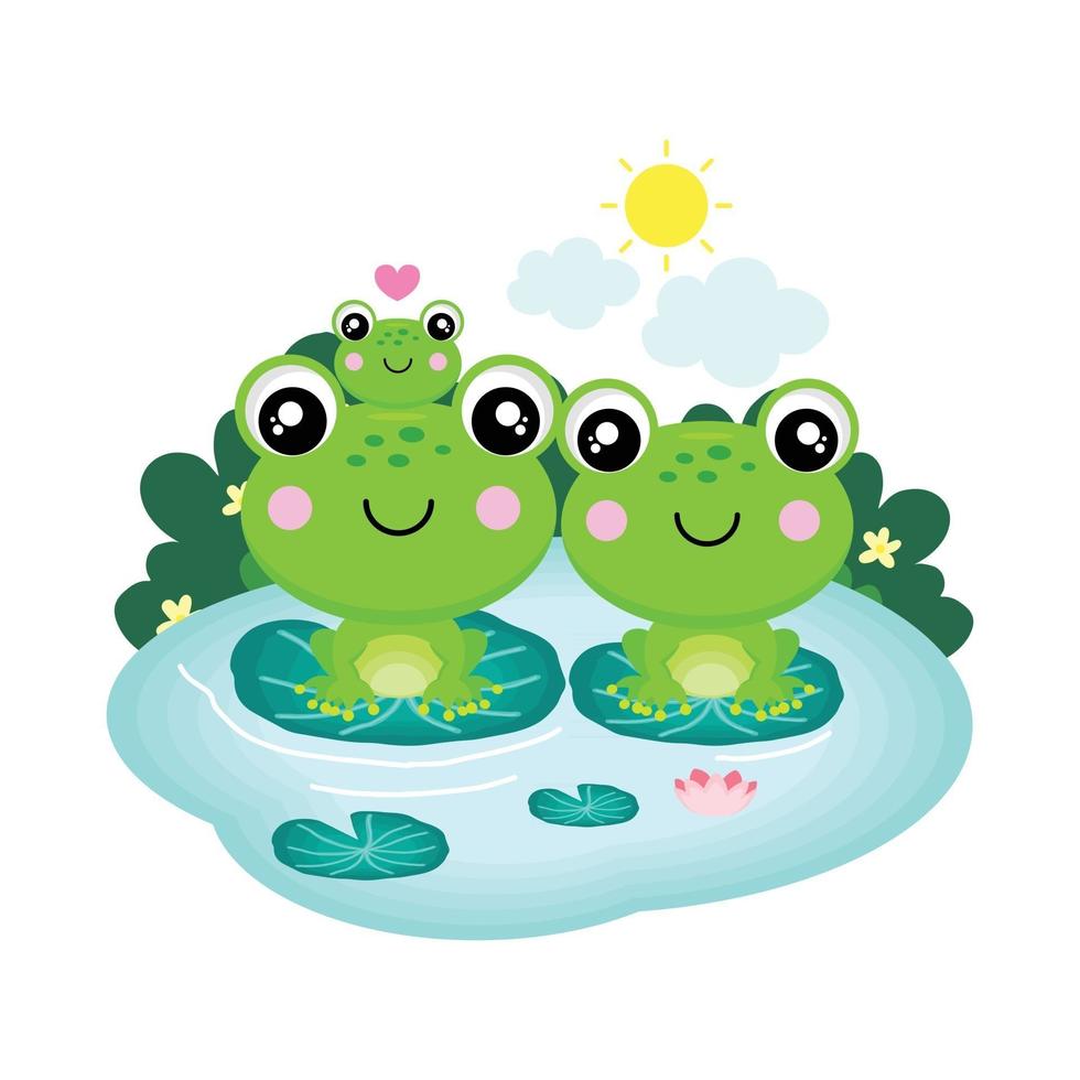 la famille de la grenouille heureuse assise sur une feuille dans un étang. vecteur