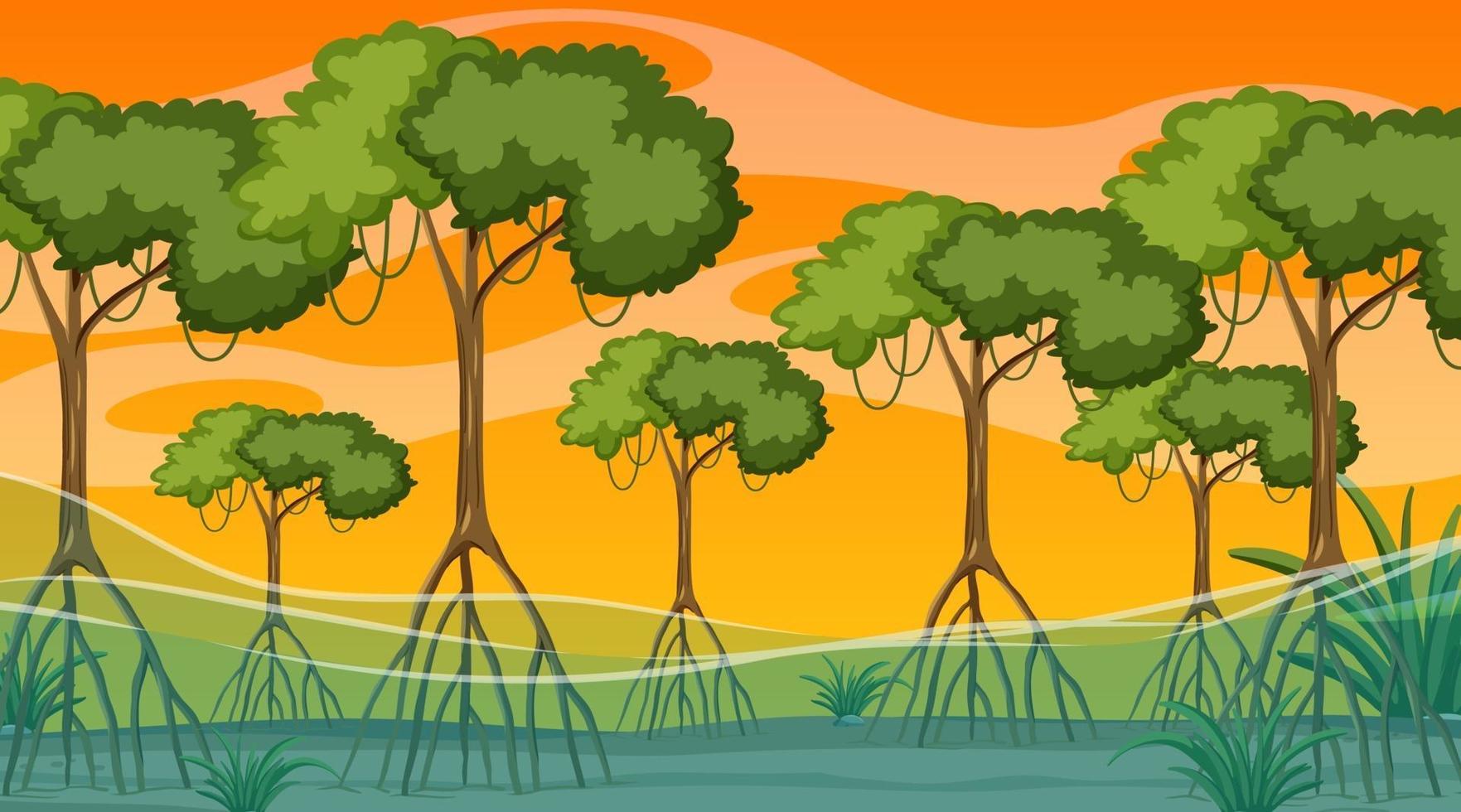 scène de la nature avec forêt de mangrove au moment du coucher du soleil en style cartoon vecteur