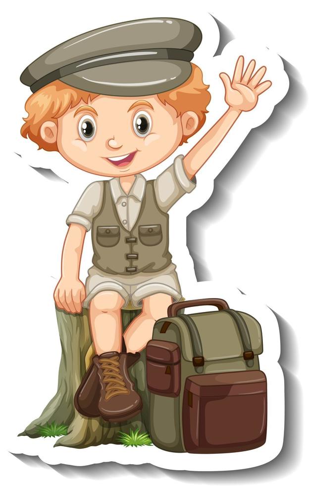 un modèle d'autocollant avec un garçon en personnage de dessin animé de tenue de safari vecteur