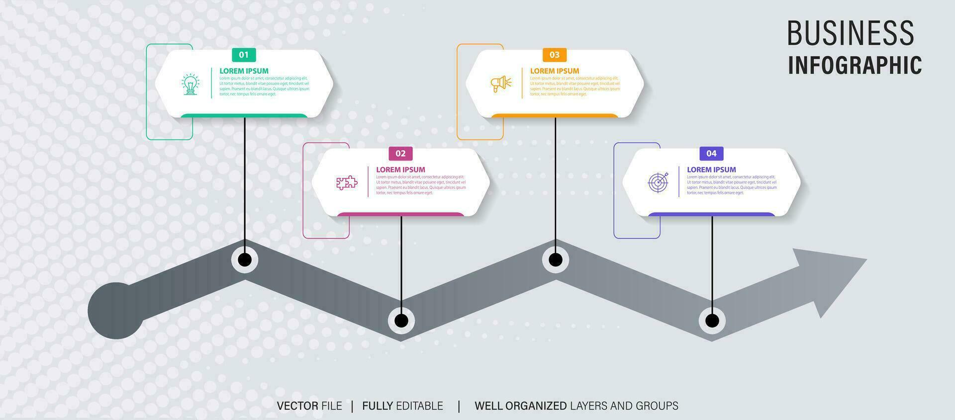 chronologie infographie avec infographie. moderne présentation modèle avec 4 spets pour affaires processus. site Internet modèle sur blanc Contexte pour concept moderne conception. horizontal mise en page. vecteur