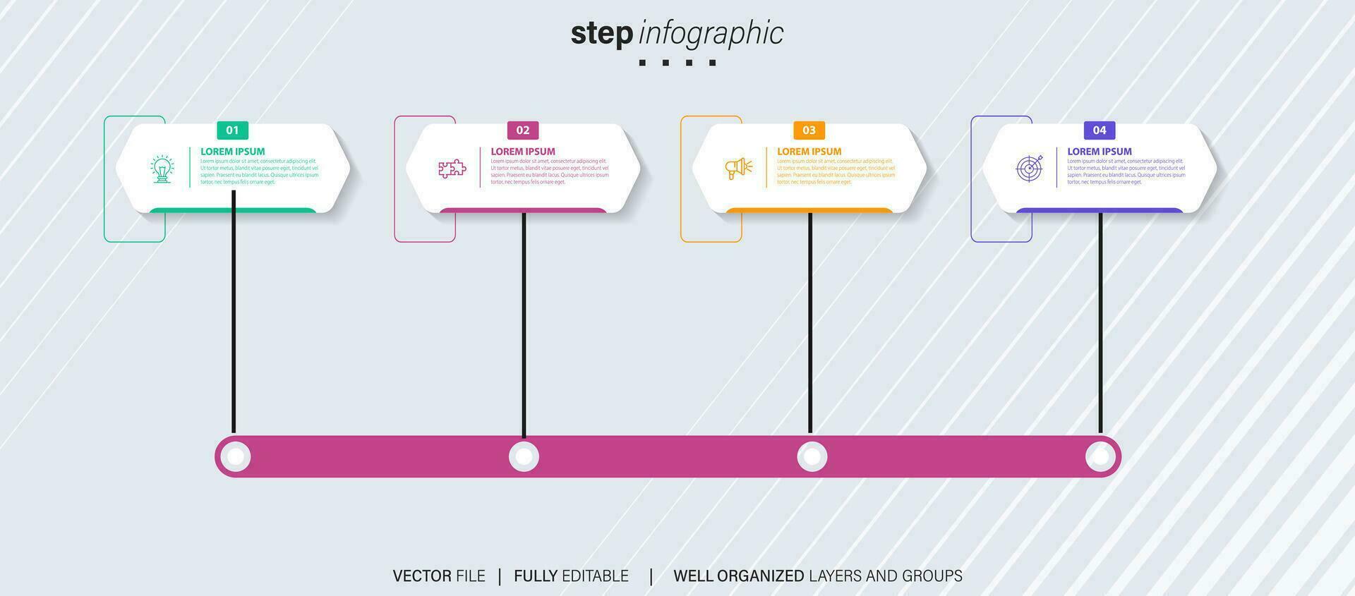 chronologie infographie avec infographie. moderne présentation modèle avec 4 spets pour affaires processus. site Internet modèle sur blanc Contexte pour concept moderne conception. horizontal mise en page. vecteur