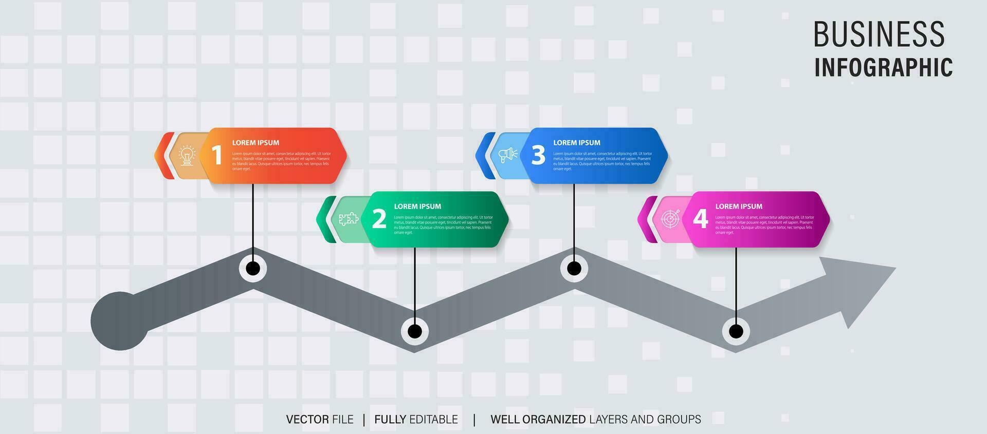 chronologie infographie avec infographie. moderne présentation modèle avec 4 spets pour affaires processus. site Internet modèle sur blanc Contexte pour concept moderne conception. horizontal mise en page. vecteur