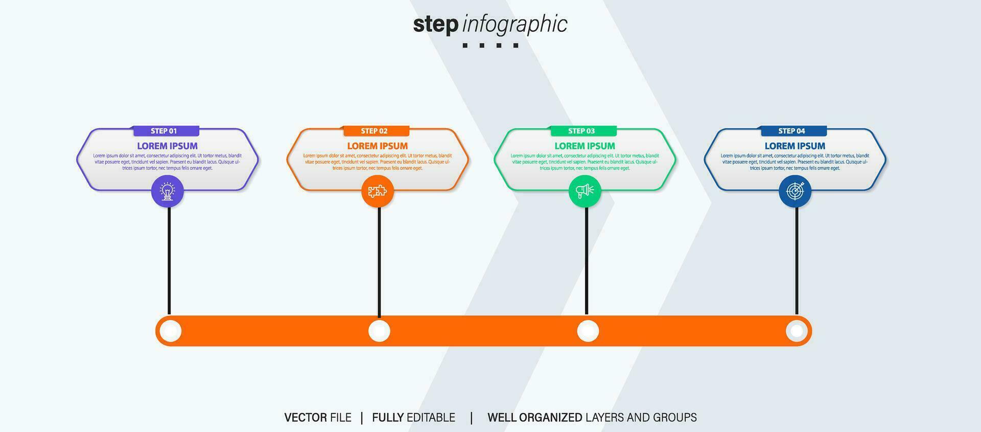 chronologie infographie avec infographie. moderne présentation modèle avec 4 spets pour affaires processus. site Internet modèle sur blanc Contexte pour concept moderne conception. horizontal mise en page. vecteur