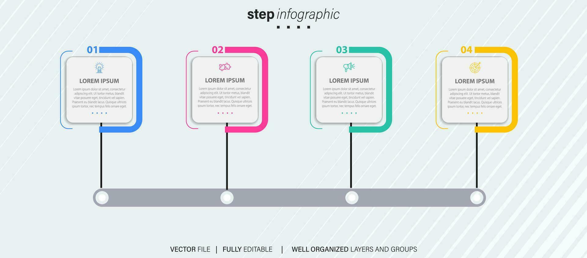 abstrait affaires arrondi infographie modèle avec 4 options. coloré diagramme, chronologie et programme isolé sur lumière Contexte. vecteur