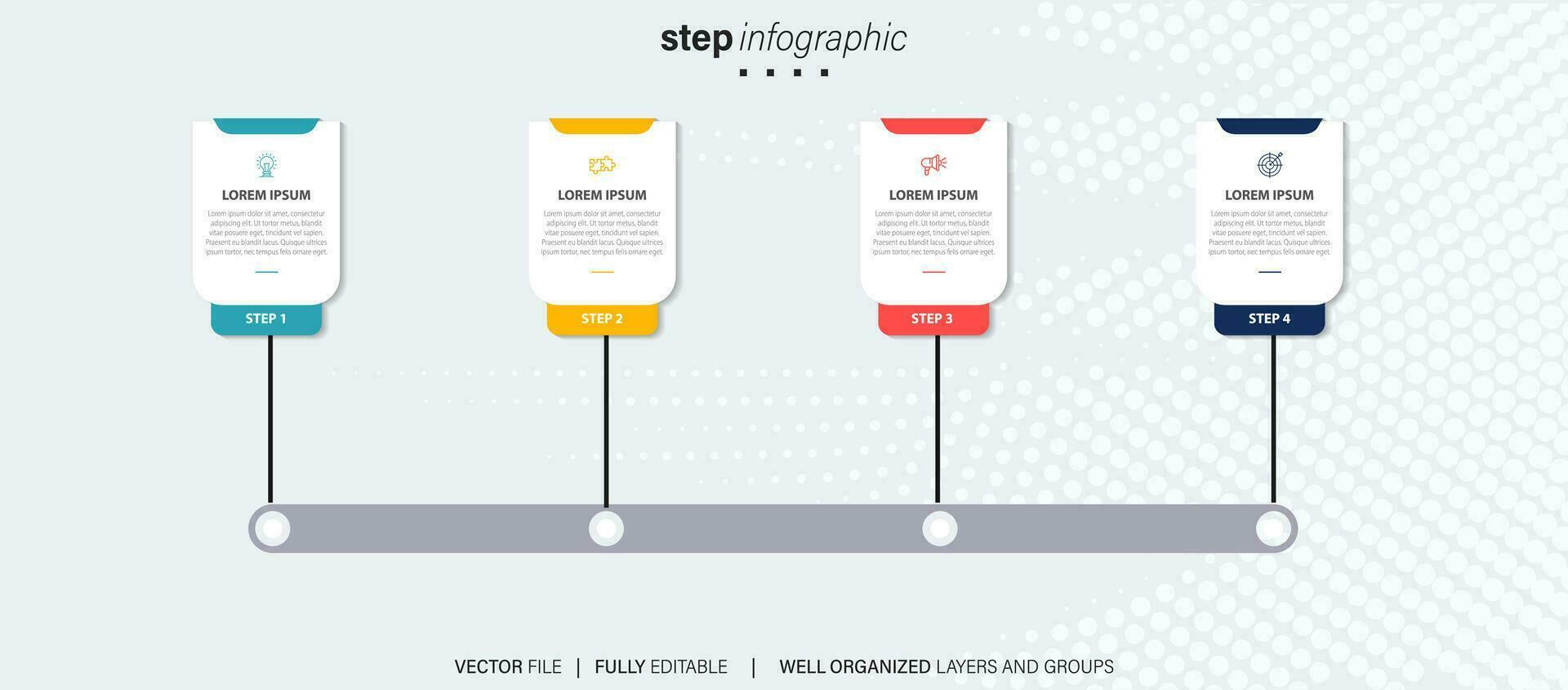 abstrait affaires arrondi infographie modèle avec 4 options. coloré diagramme, chronologie et programme isolé sur lumière Contexte. vecteur