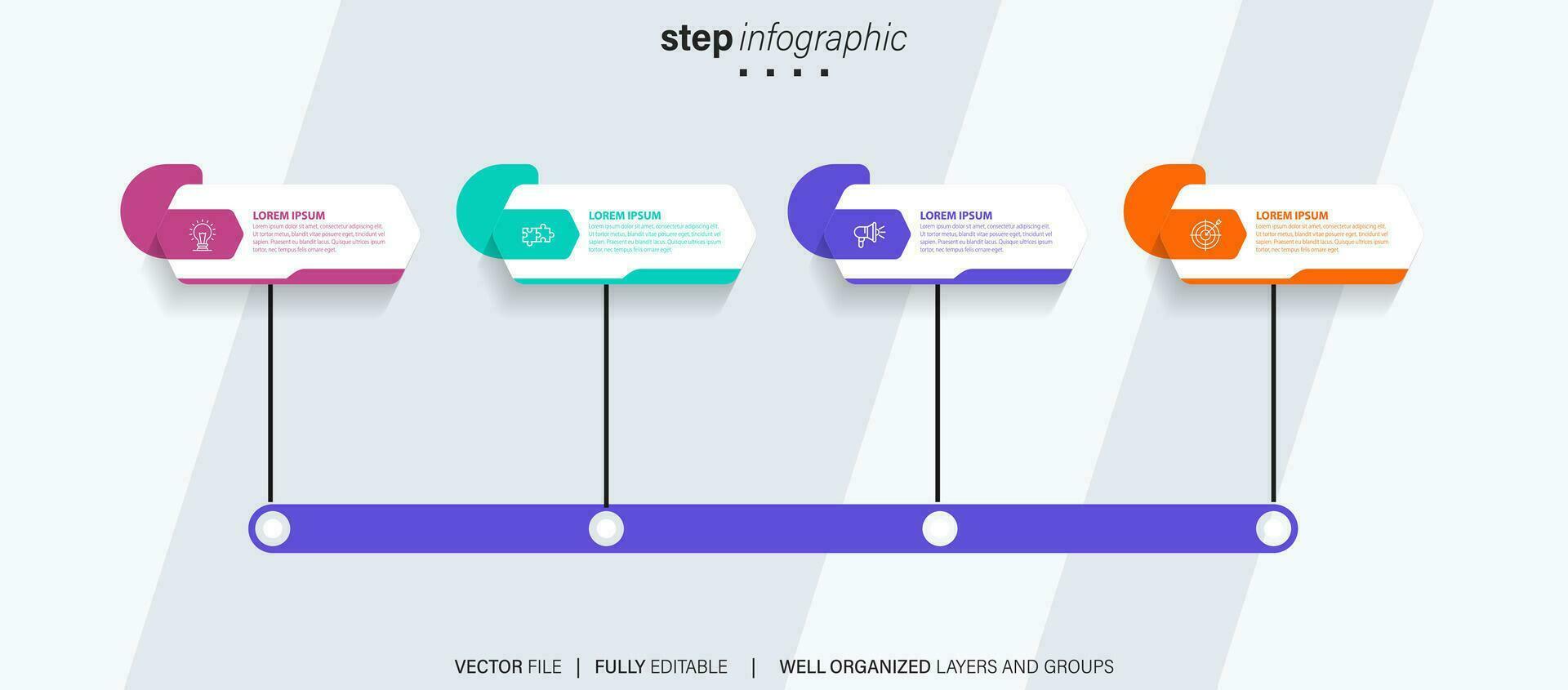 chronologie infographie avec infographie. moderne présentation modèle avec 4 spets pour affaires processus. site Internet modèle sur blanc Contexte pour concept moderne conception. horizontal mise en page. vecteur