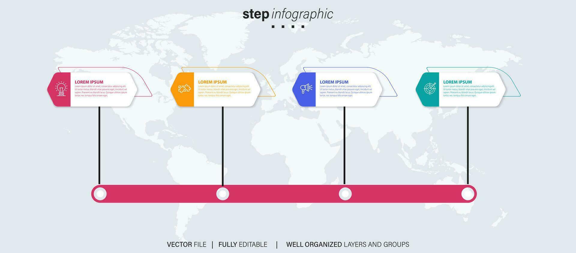 chronologie infographie avec infographie. moderne présentation modèle avec 4 spets pour affaires processus. site Internet modèle sur blanc Contexte pour concept moderne conception. horizontal mise en page. vecteur