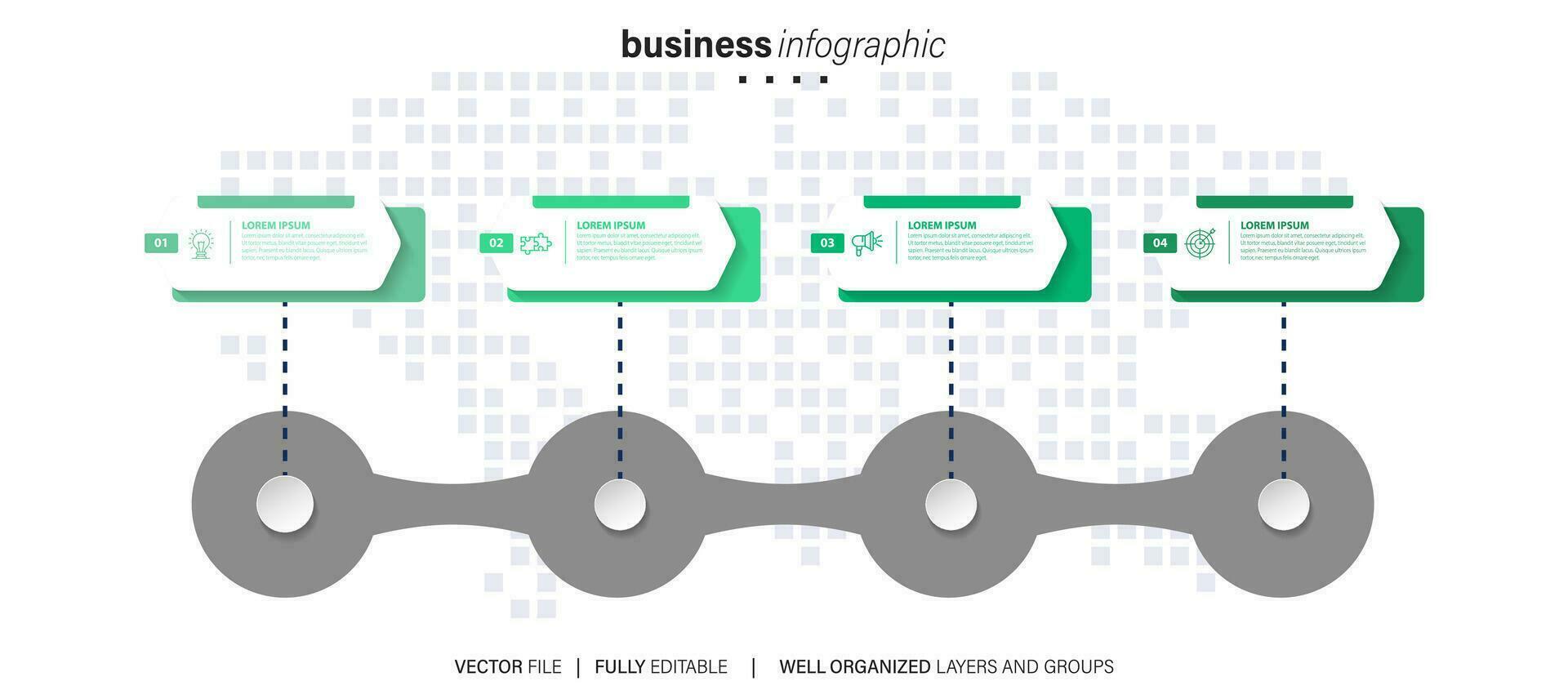 chronologie infographie avec infographie. moderne présentation modèle avec 4 spets pour affaires processus. site Internet modèle sur blanc Contexte pour concept moderne conception. horizontal mise en page. vecteur