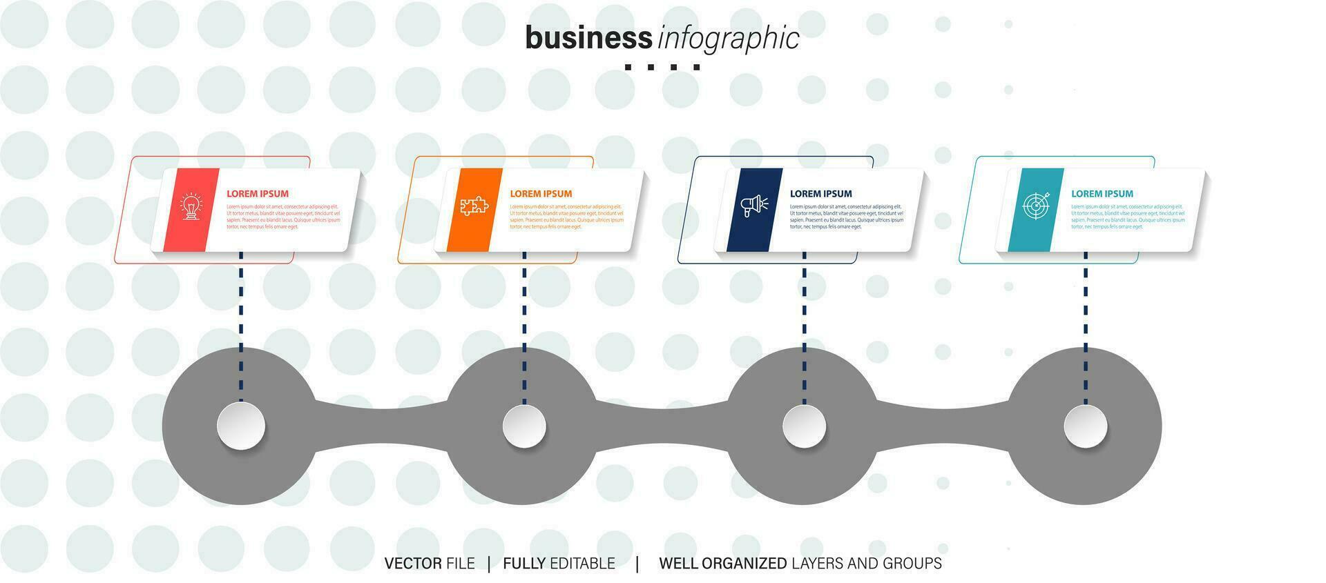 modèle d'infographie d'entreprise. chronologie avec 4 étapes, cercles, options et icônes marketing. éléments infographiques linéaires vectoriels. vecteur