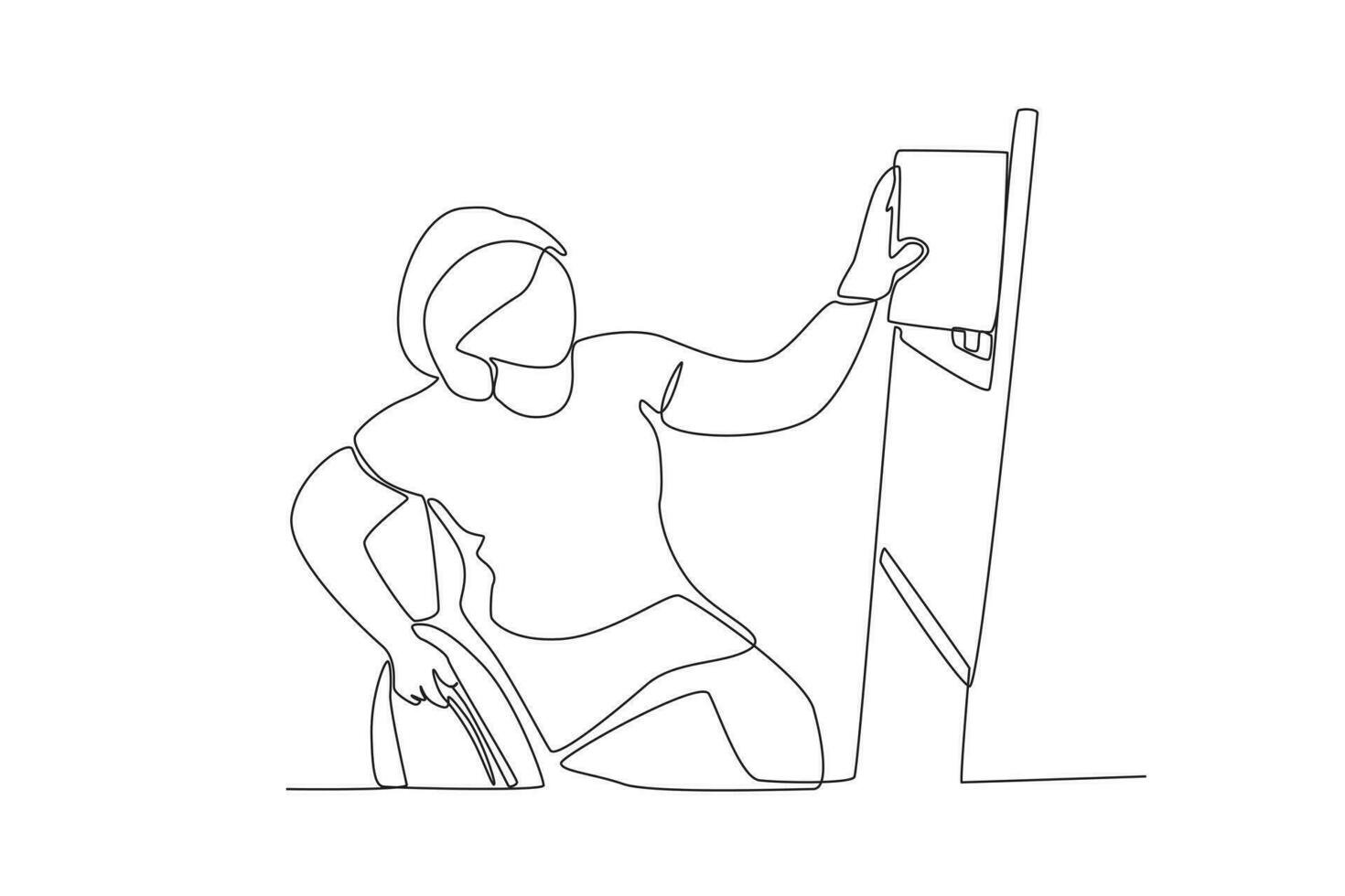 Célibataire continu ligne dessin de une femme dans fauteuil roulant travail dans bibliothèque ranger étagères vecteur