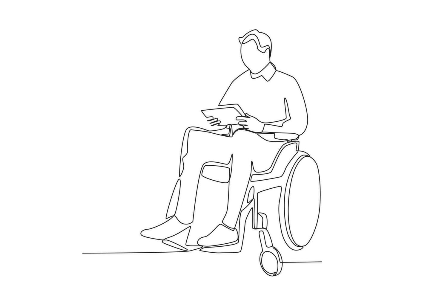 Célibataire continu ligne dessin de une homme dans fauteuil roulant vérification travail en utilisant tablette vecteur