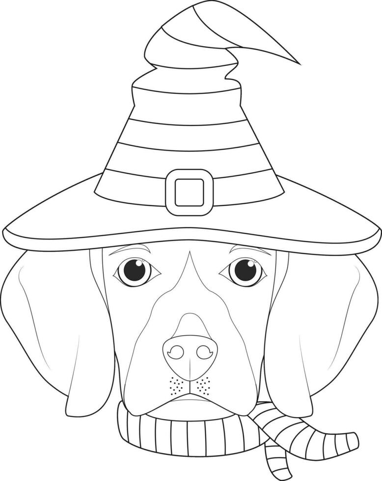 Halloween salutation carte pour coloration. beagle chien habillé comme une sorcière avec noir et vert chapeau et écharpe vecteur