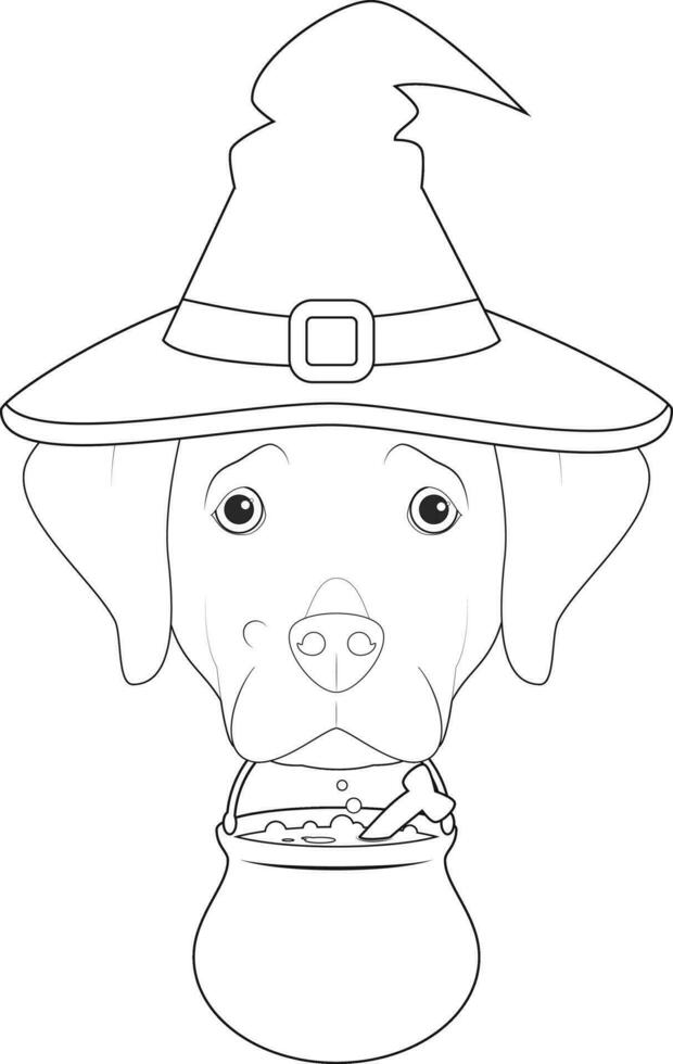 Halloween salutation carte pour coloration. Labrador retriever chien habillé comme une sorcière avec violet chapeau et une chaudron dans le bouche vecteur