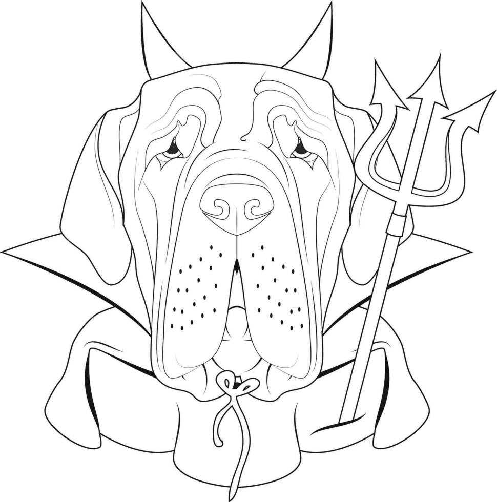 Halloween salutation carte pour coloration. napolitain mastiff chien habillé comme une diable avec rouge cornes et cap, et une noir et rouge trident vecteur