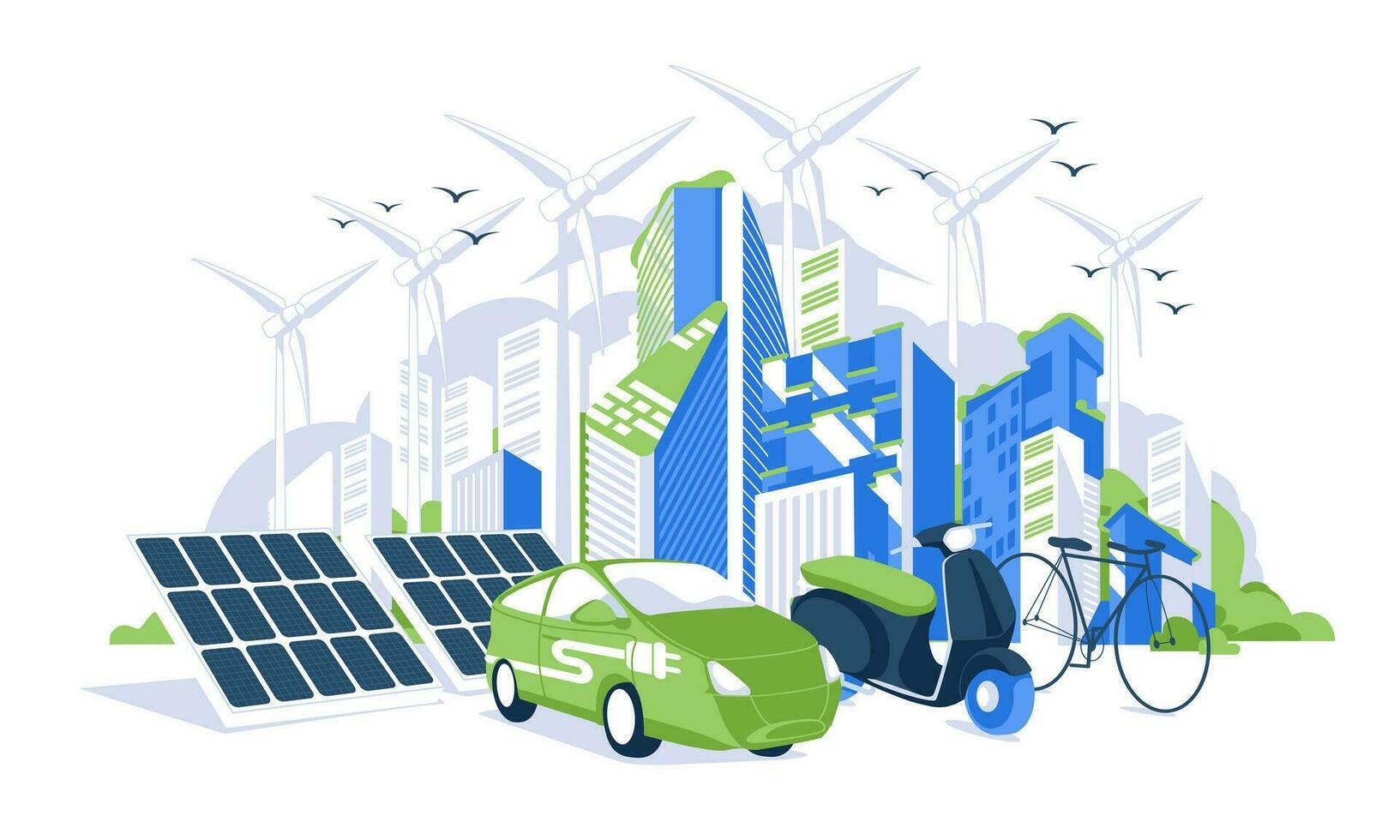 renouvelable énergie concept. vert ville. paysage urbain avec solaire panneaux, électrique voiture et vent turbines. plat vecteur illustration.