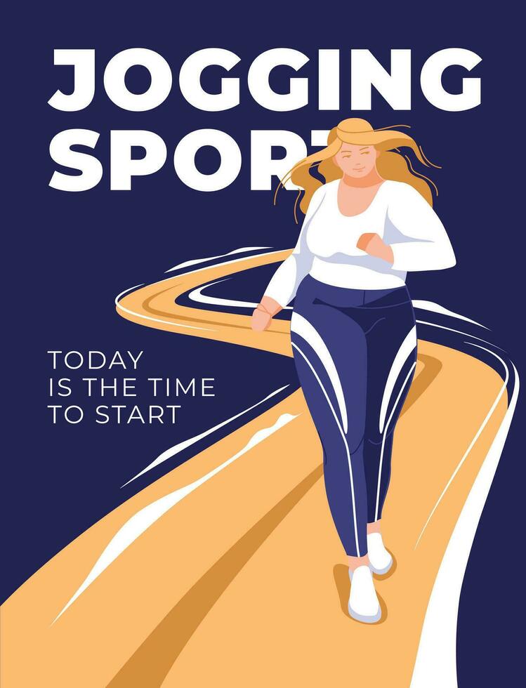 le jogging pour le plus Taille femme avec le route derrière. abstrait conception. des sports et santé promotion. vecteur plat illustration.