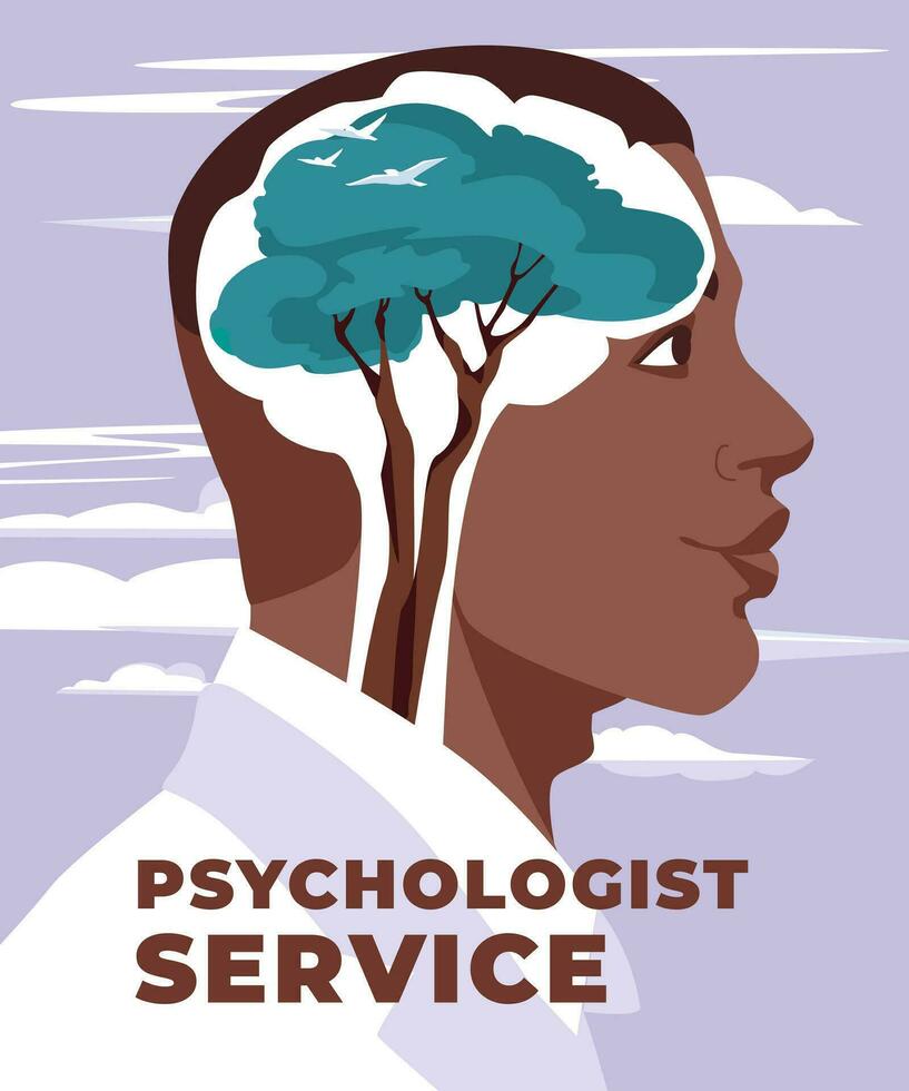 Masculin personnage avec croissance vert des arbres dans cerveau. métaphore de psychologique et thérapeutique service. vecteur plat illustration