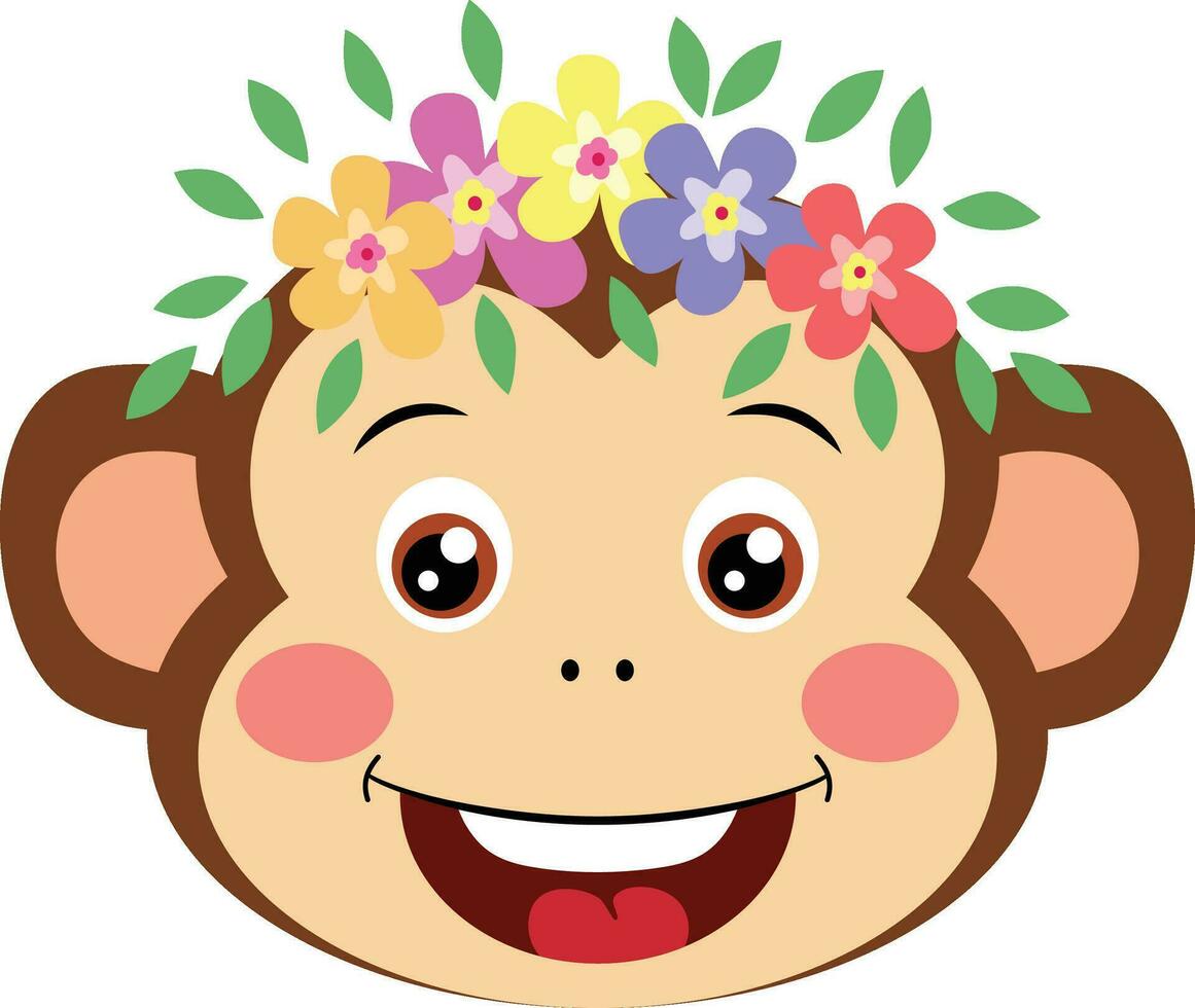 mignonne singe visage avec couronne floral sur tête vecteur