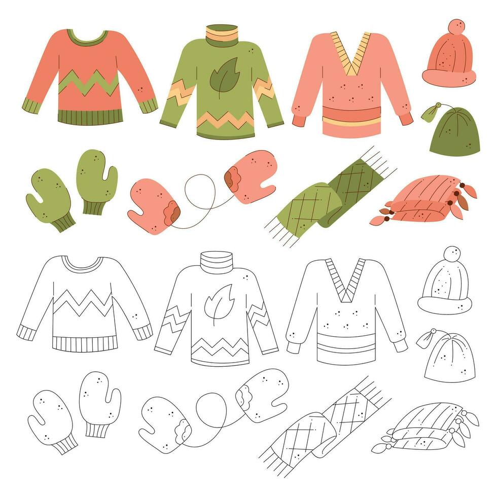 ensemble avec chaud l'automne vêtements. noir et blanc et Couleur clipart vecteur illustration.