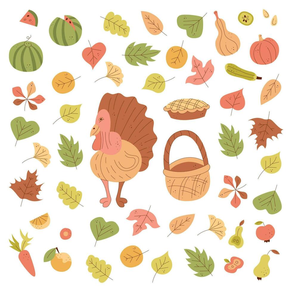 action de grâces ensemble avec Turquie, l'automne feuilles et des légumes. Couleur clipart vecteur illustration.