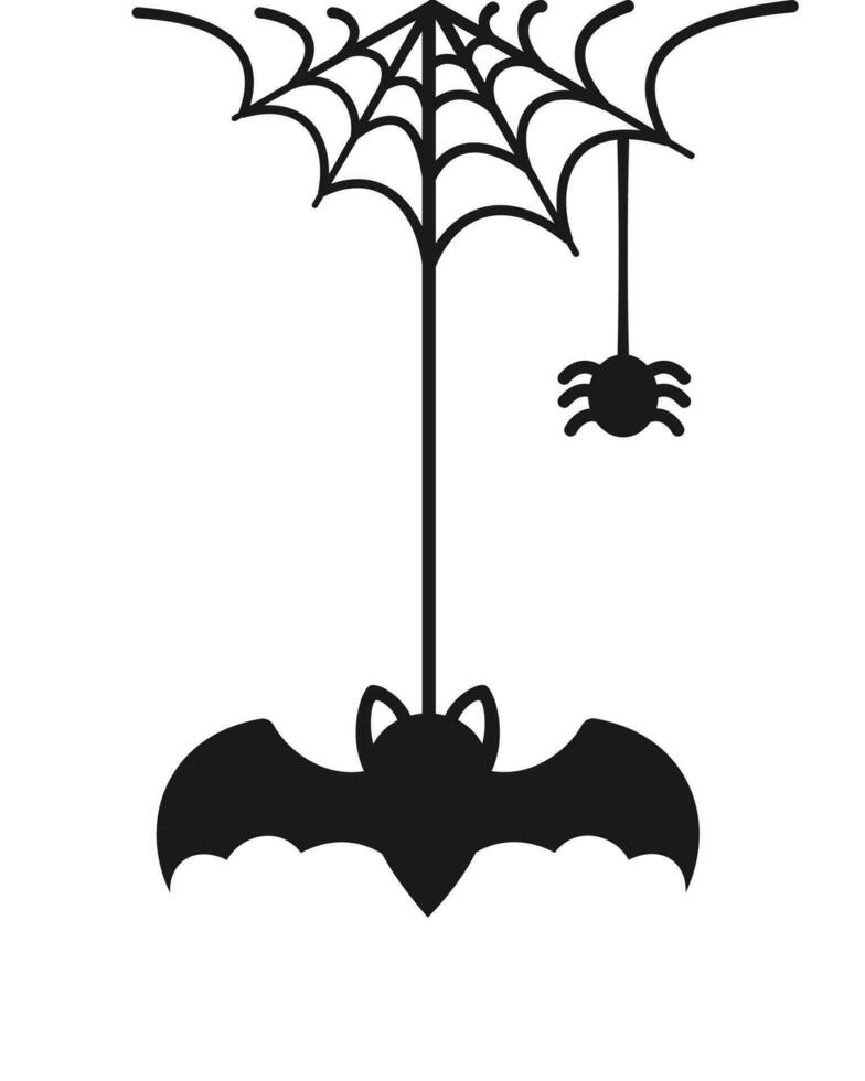 chauve souris pendaison sur une araignée la toile griffonnage silhouette, content Halloween effrayant ornements décoration vecteur illustration