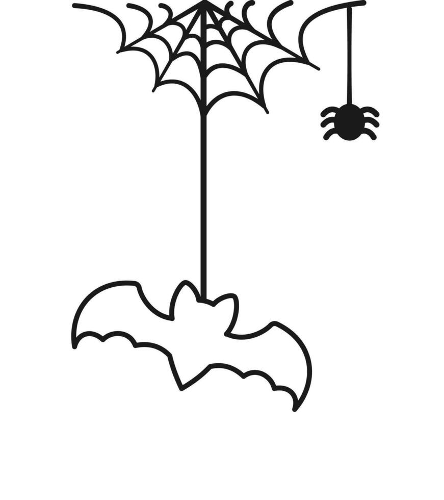 chauve souris pendaison sur une araignée la toile griffonnage contour ligne art, content Halloween effrayant ornements décoration vecteur illustration