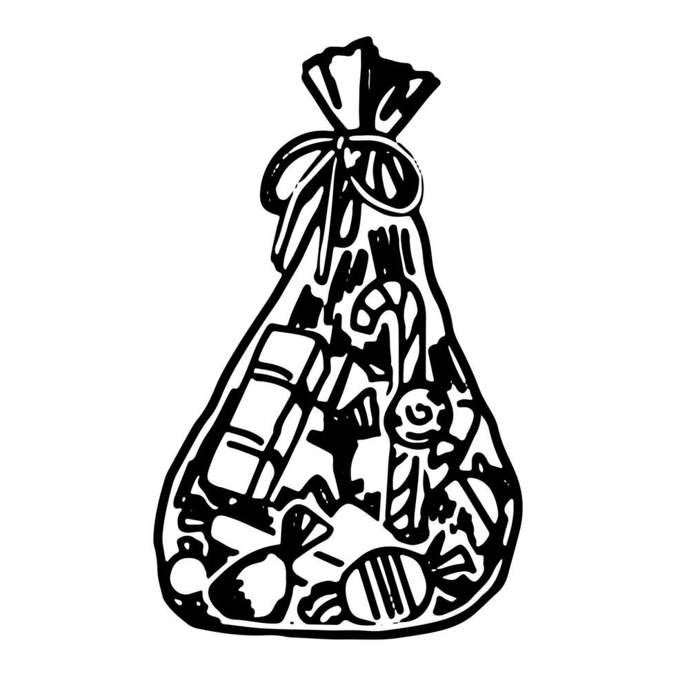griffonnage de Noël cadeau. esquisser de bonbons, des sucreries dans transparent emballer. main tiré vecteur illustration. Célibataire agrafe art isolé sur blanche.