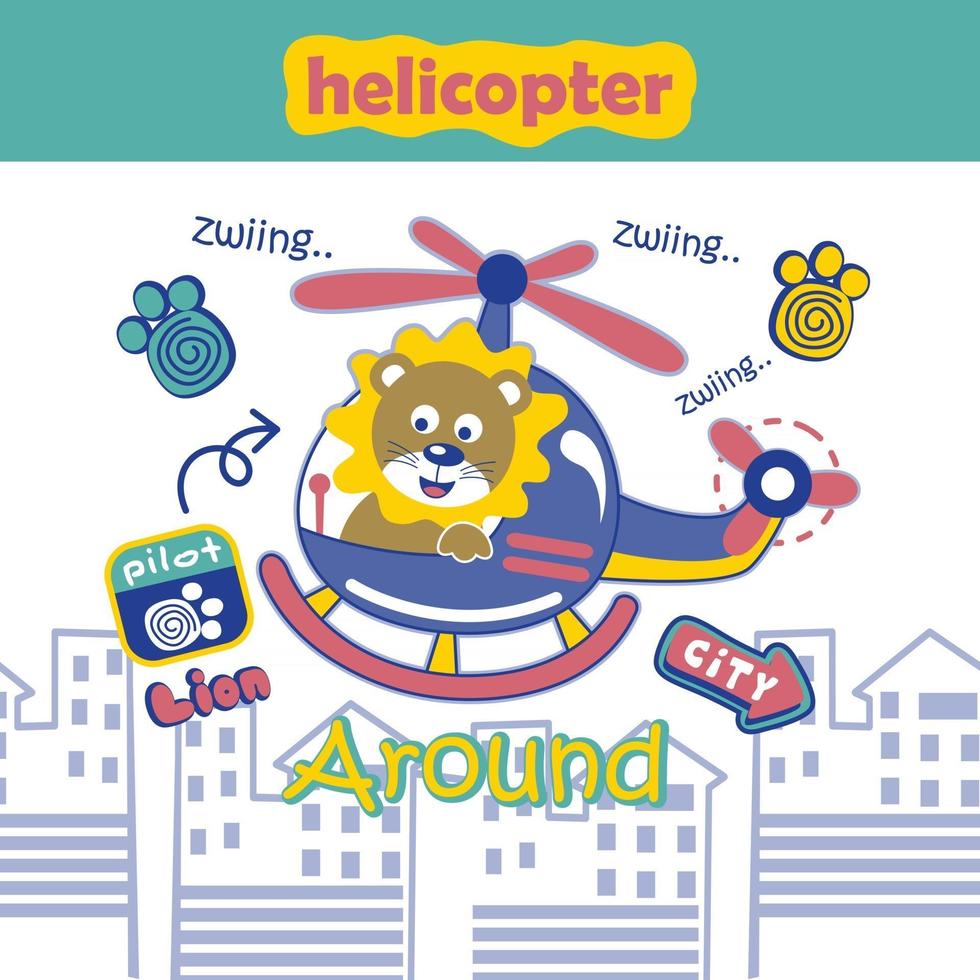 dessin animé drôle de lion et d'hélicoptère vecteur