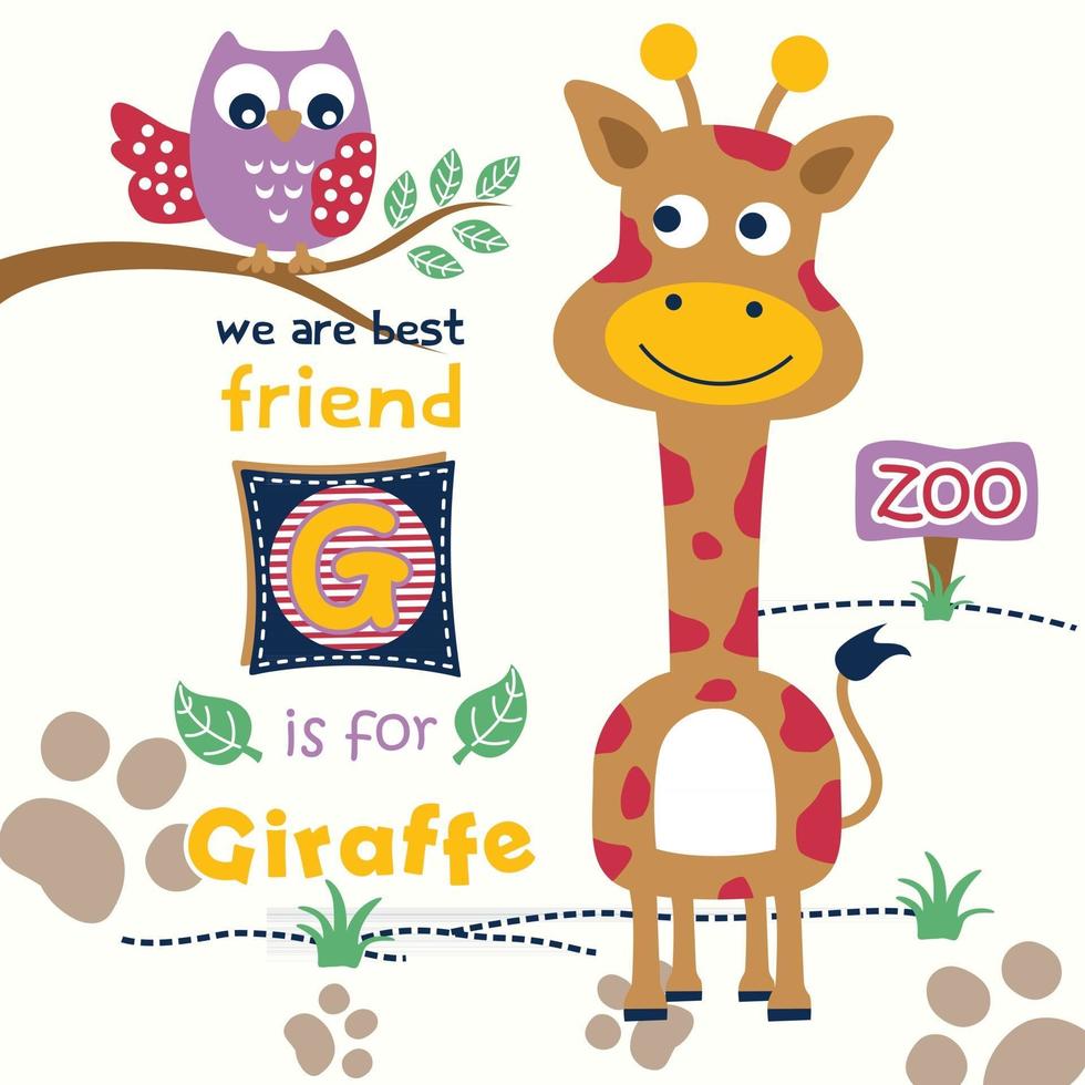 girafe et hibou dans le dessin animé drôle de zoo vecteur