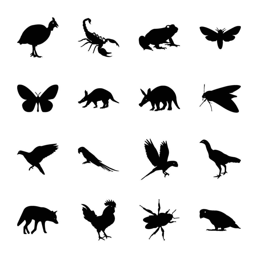 pack de animal et des oiseaux solide icône vecteurs vecteur