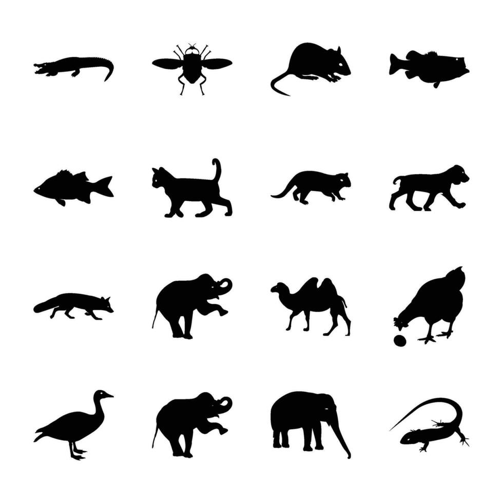 pack de jungle animaux avatars solide icône vecteurs vecteur