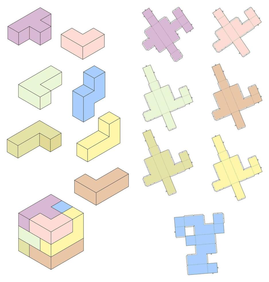 cube puzzle Jeu mourir Couper cube modèle plan disposition avec Coupe et notation lignes vecteur dessiner graphique conception