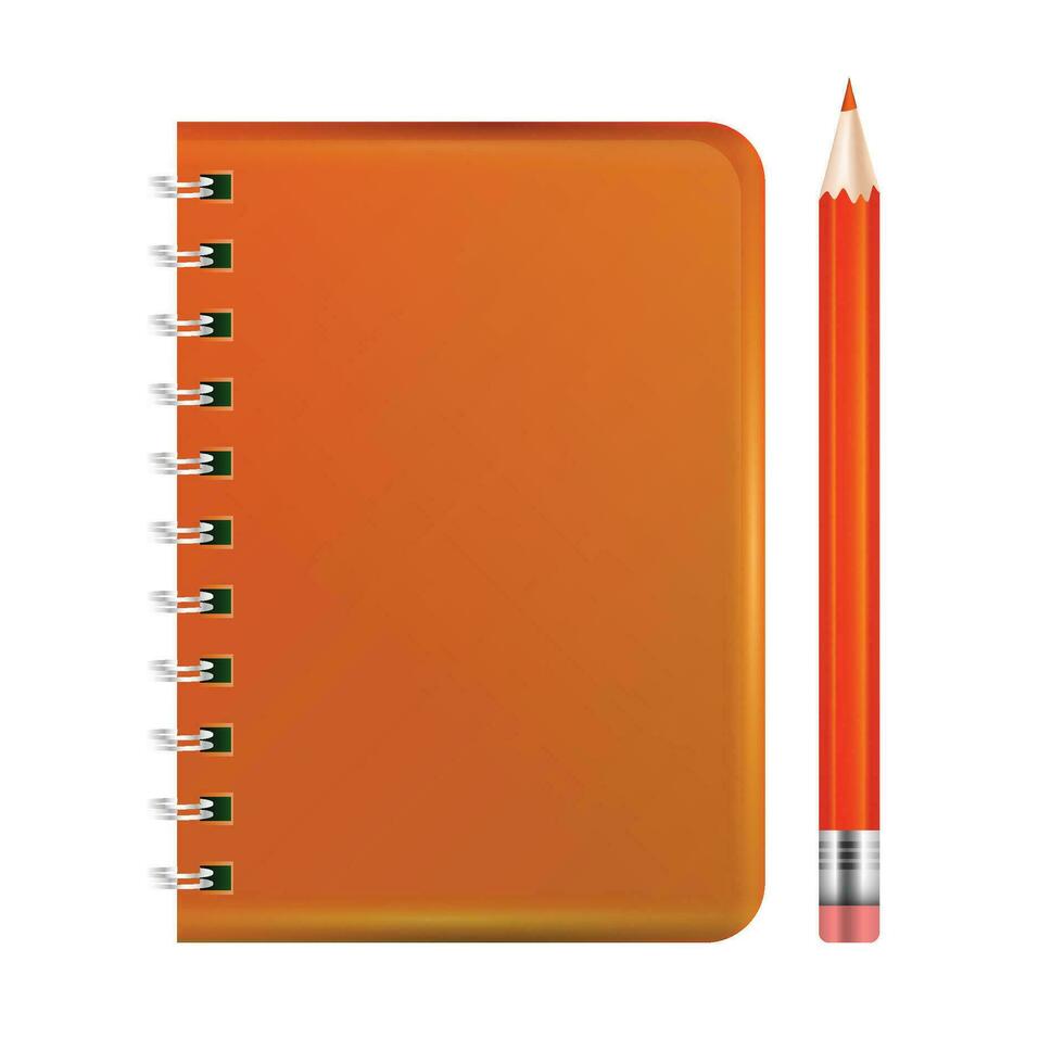 vecteur réaliste Orange carnet et crayon isolé sur blanc Contexte vecteur illustration