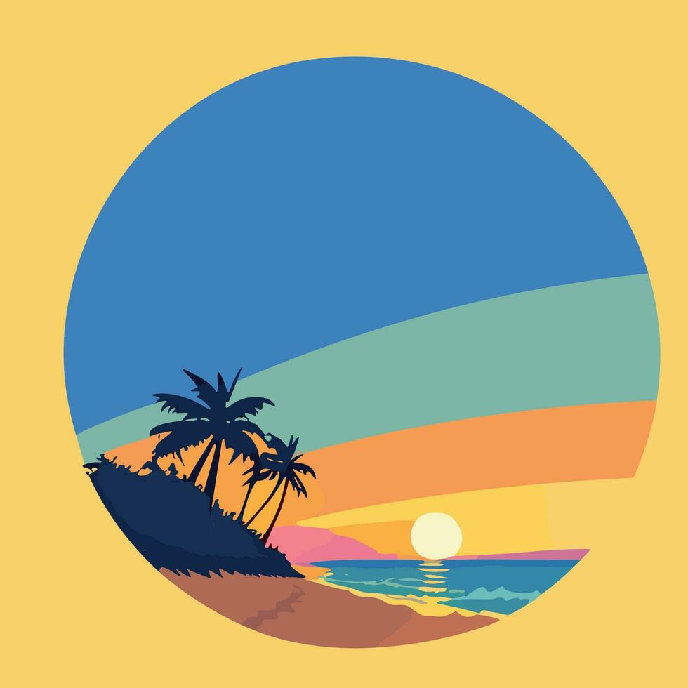 rétro le coucher du soleil logo au dessus le océan avec Soleil et l'eau silhouette. vecteur