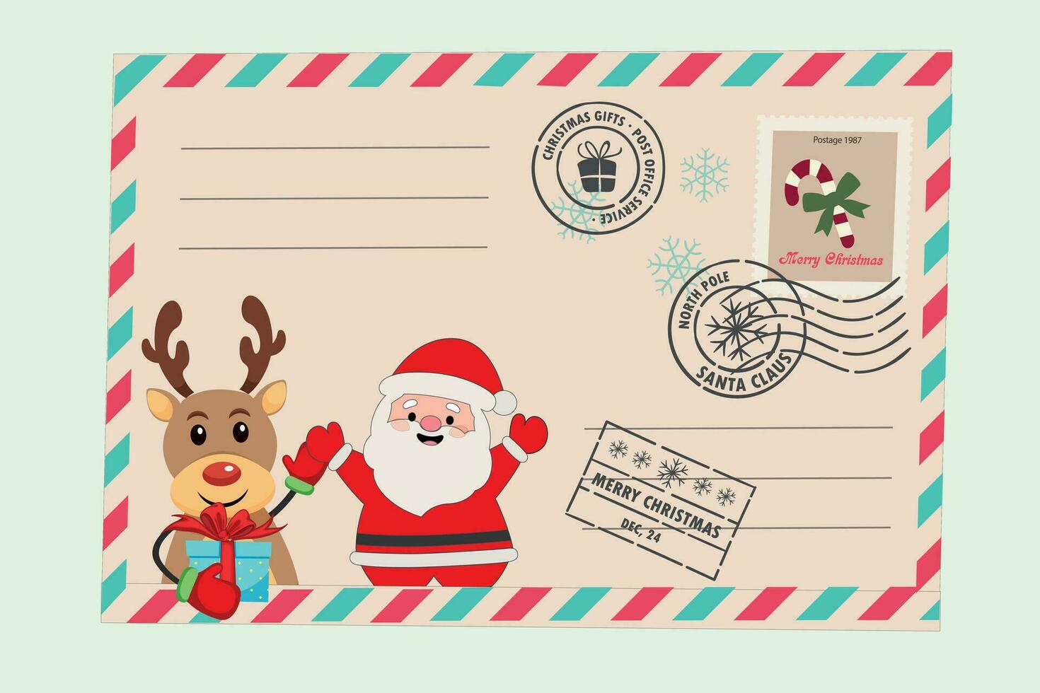 modèle de un vieux Noël enveloppe avec une image de Père Noël claus et vacances cerf. rétro style Noël carte avec caoutchouc joint, timbre. joyeux Noël carte. hiver vacances ancien salutation carte. vecteur