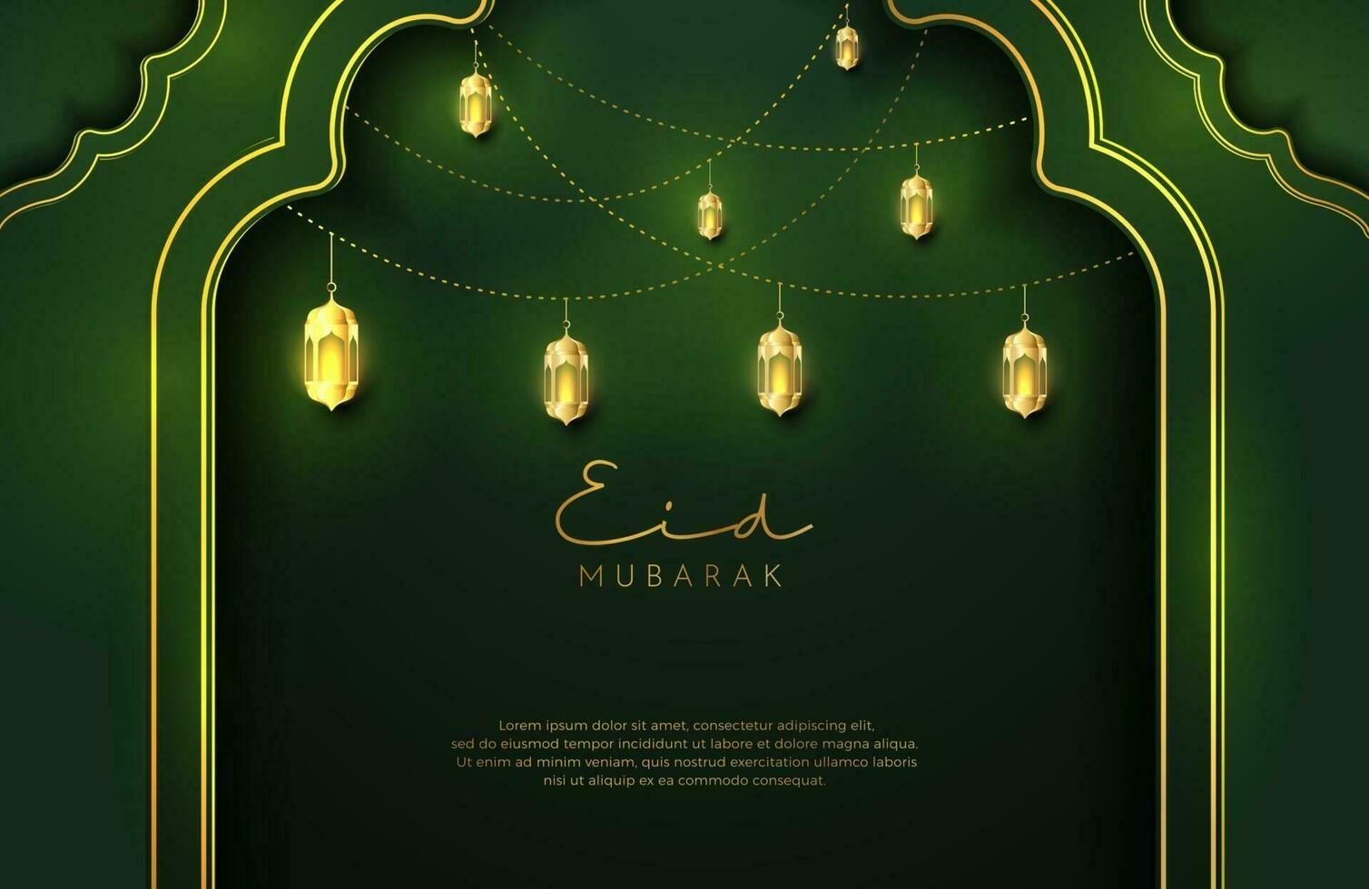 fond eid mubarak dans un style de luxe illustration vectorielle de design islamique vert foncé avec lanterne en or ou fanoos pour les célébrations du mois sacré islamique vecteur