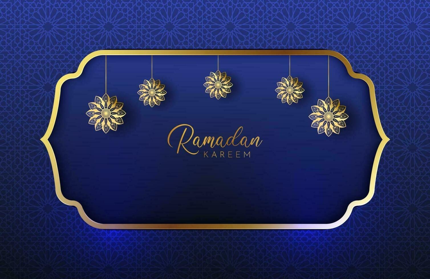 fond de ramadan kareem avec illustration vectorielle de style luxe couleur or et bleu pour les célébrations du mois sacré islamique orné d'arabesque de lune et de mandala vecteur