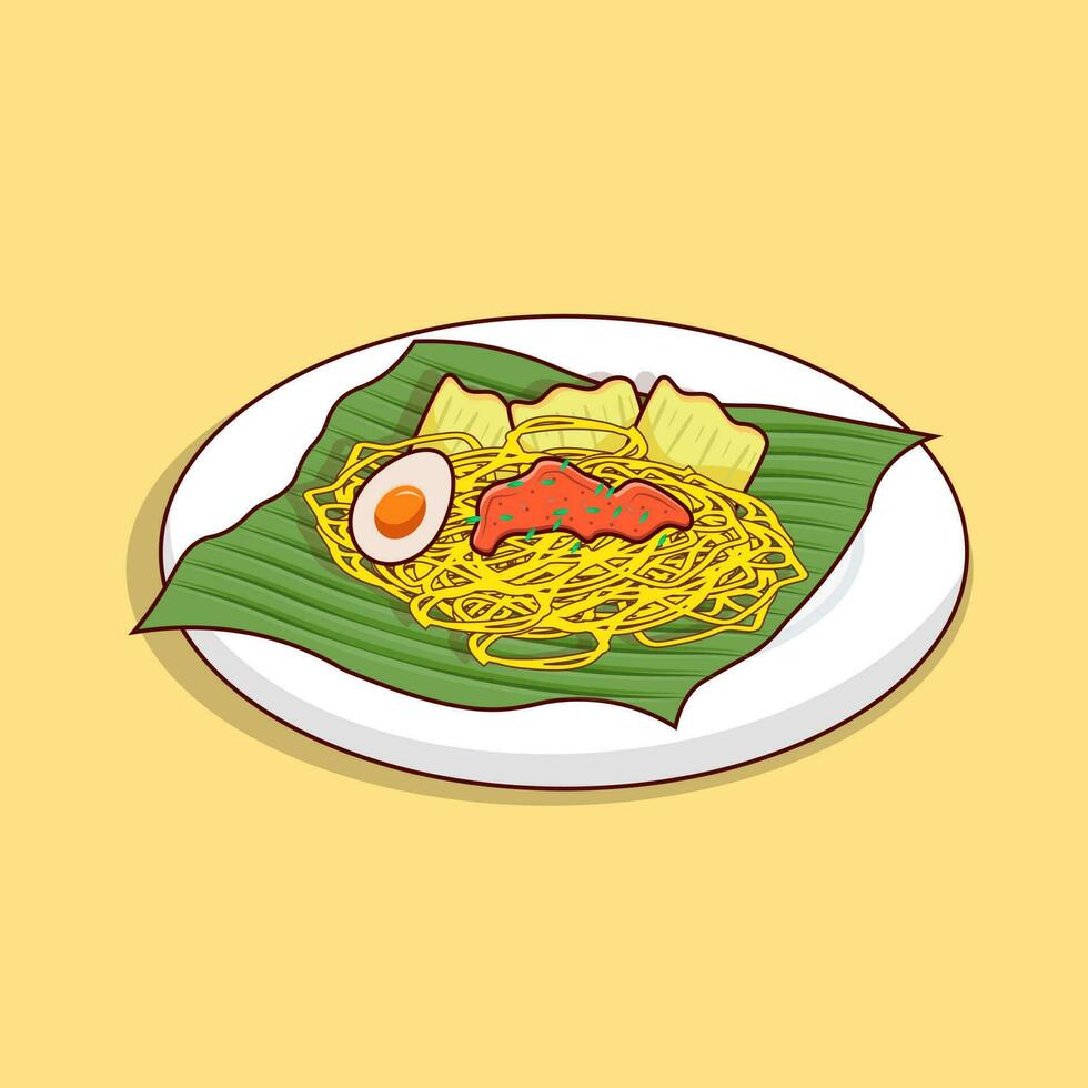 détaillé de nouille avec frites et Oeuf sur banane feuille pour asiatique nourriture icône illustration vecteur