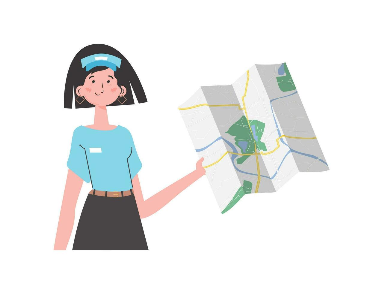 fille livraison opérateur avec une carte dans sa mains. le personnage est représenté à le taille. isolé sur blanc Contexte. vecteur illustration.