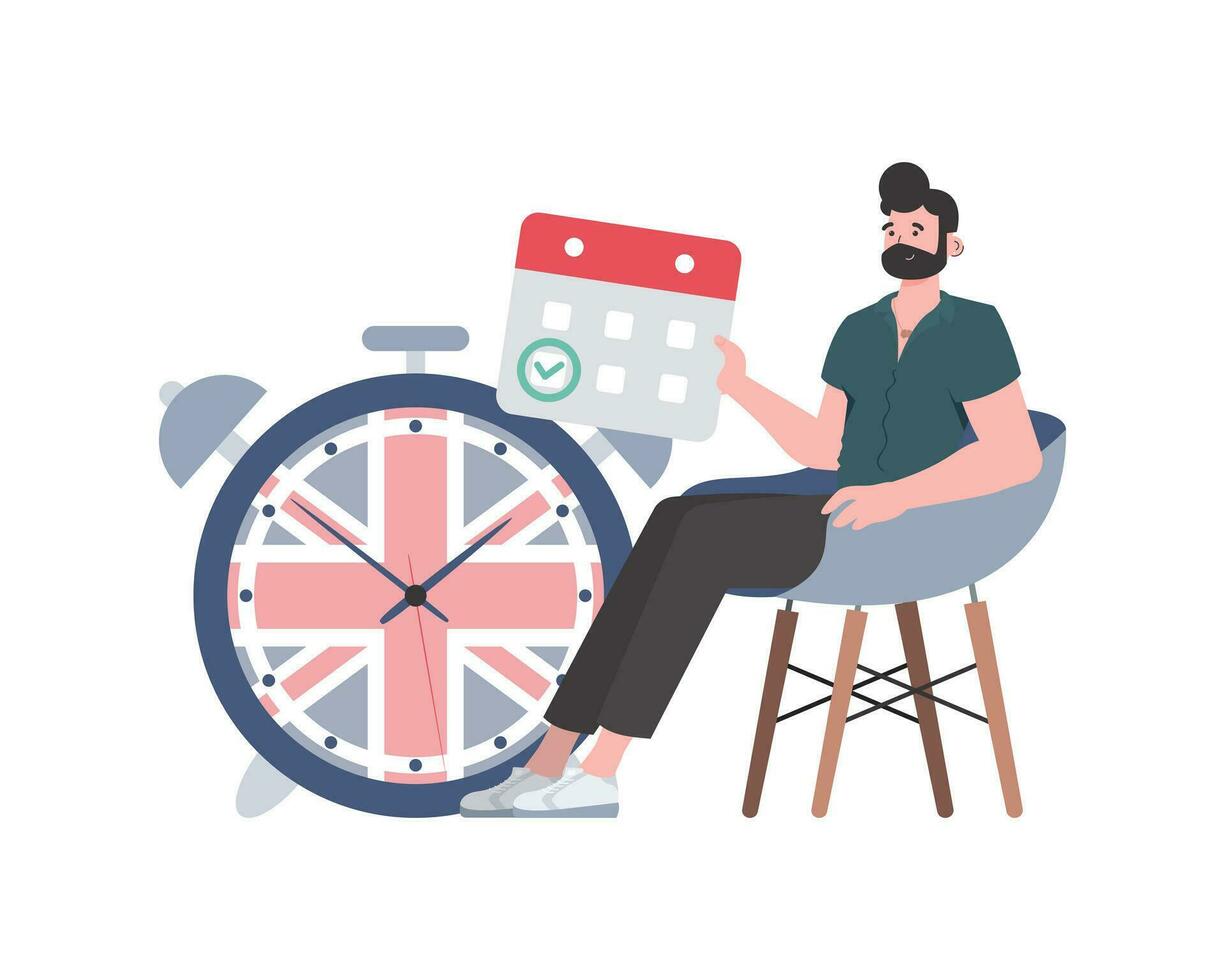 une homme, une calendrier avec une marqué Date et une horloge. le concept de apprentissage Anglais. isolé. branché plat style. vecteur illustration.