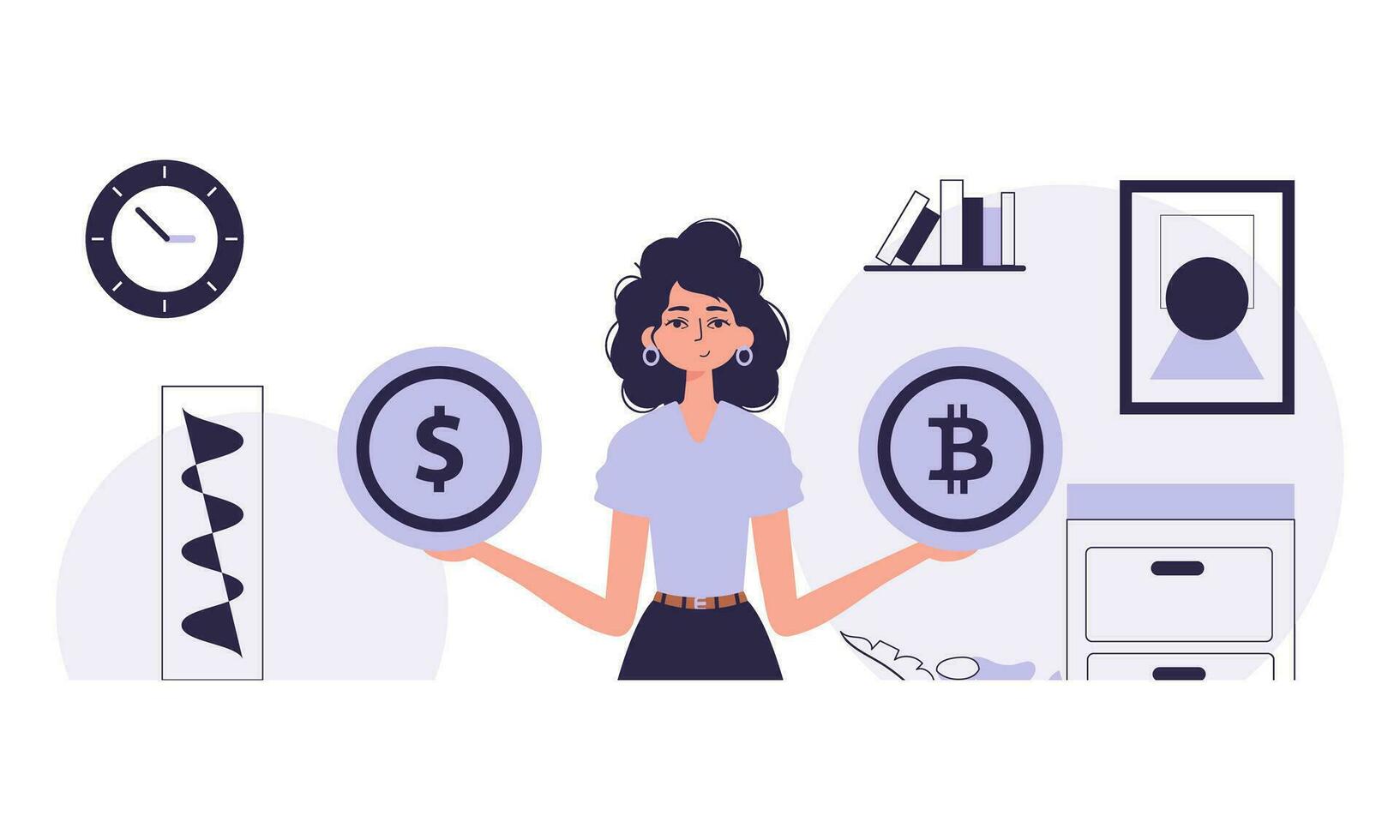 crypto-monnaie concept. une femme détient dans sa mains une bitcoin et une dollar dans le forme de pièces de monnaie. personnage dans branché style. vecteur