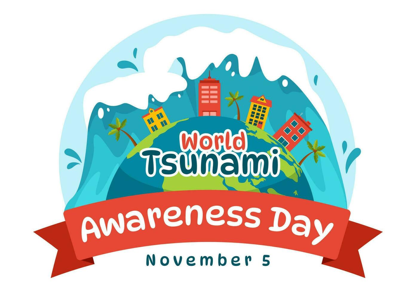 monde tsunami conscience journée vecteur illustration sur 5 novembre avec vagues frappe Maisons et bâtiment paysage dans plat dessin animé Contexte modèles
