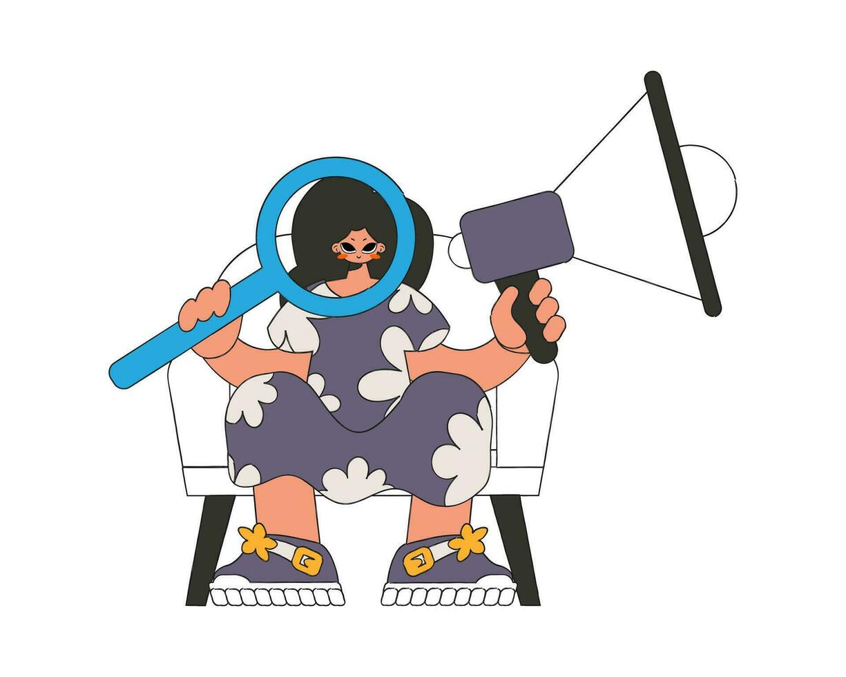 attrayant femme est séance dans une chaise et en portant une mégaphone. adapté pour utilisation dans les communications ou manifestation thématique projets. vecteur